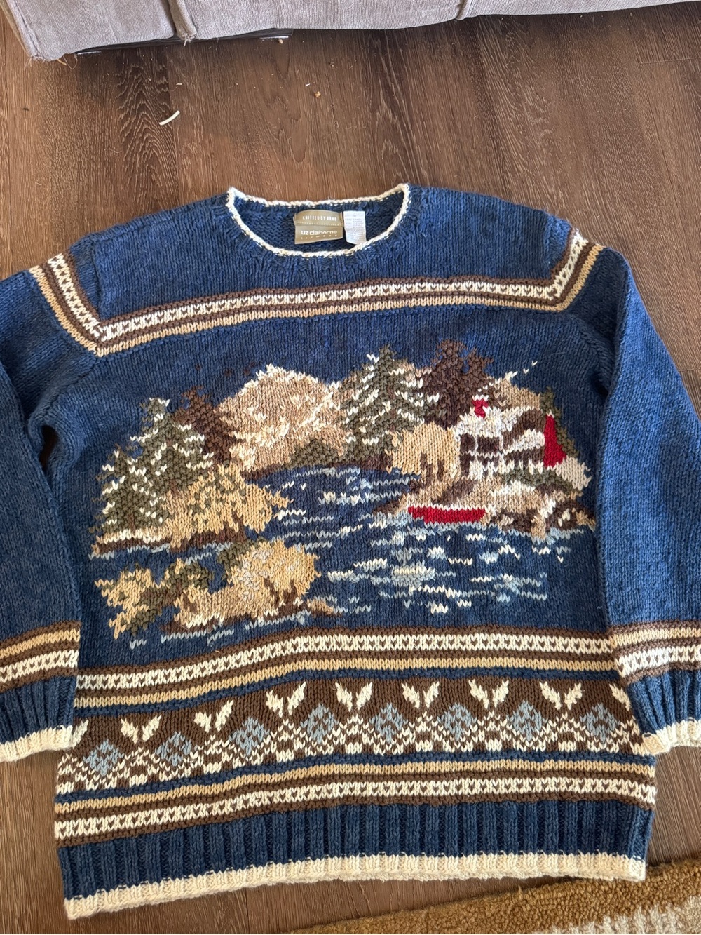 Vintage 90s Lizwear Hand Knit Lakehouse Landscape Sweater - Cabincore